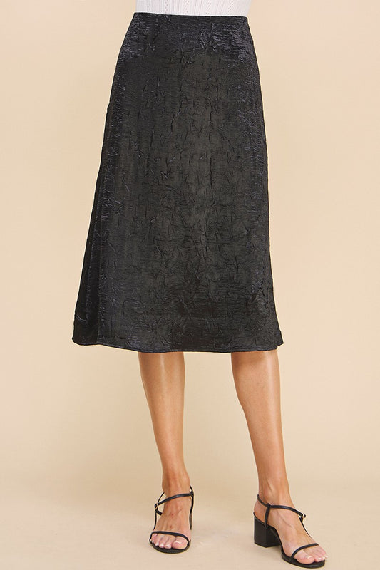 A-Lined Crinkled Stretch Satin Midi Skirt-Black