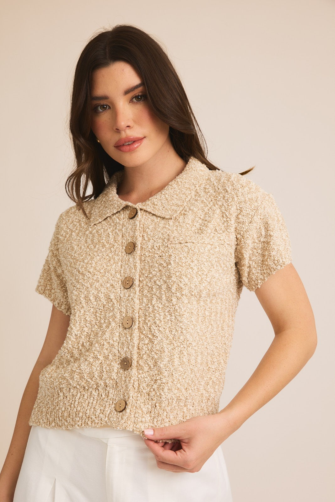 Button Boucle Knit Short Sleeve Cardigan-Heather Taupe