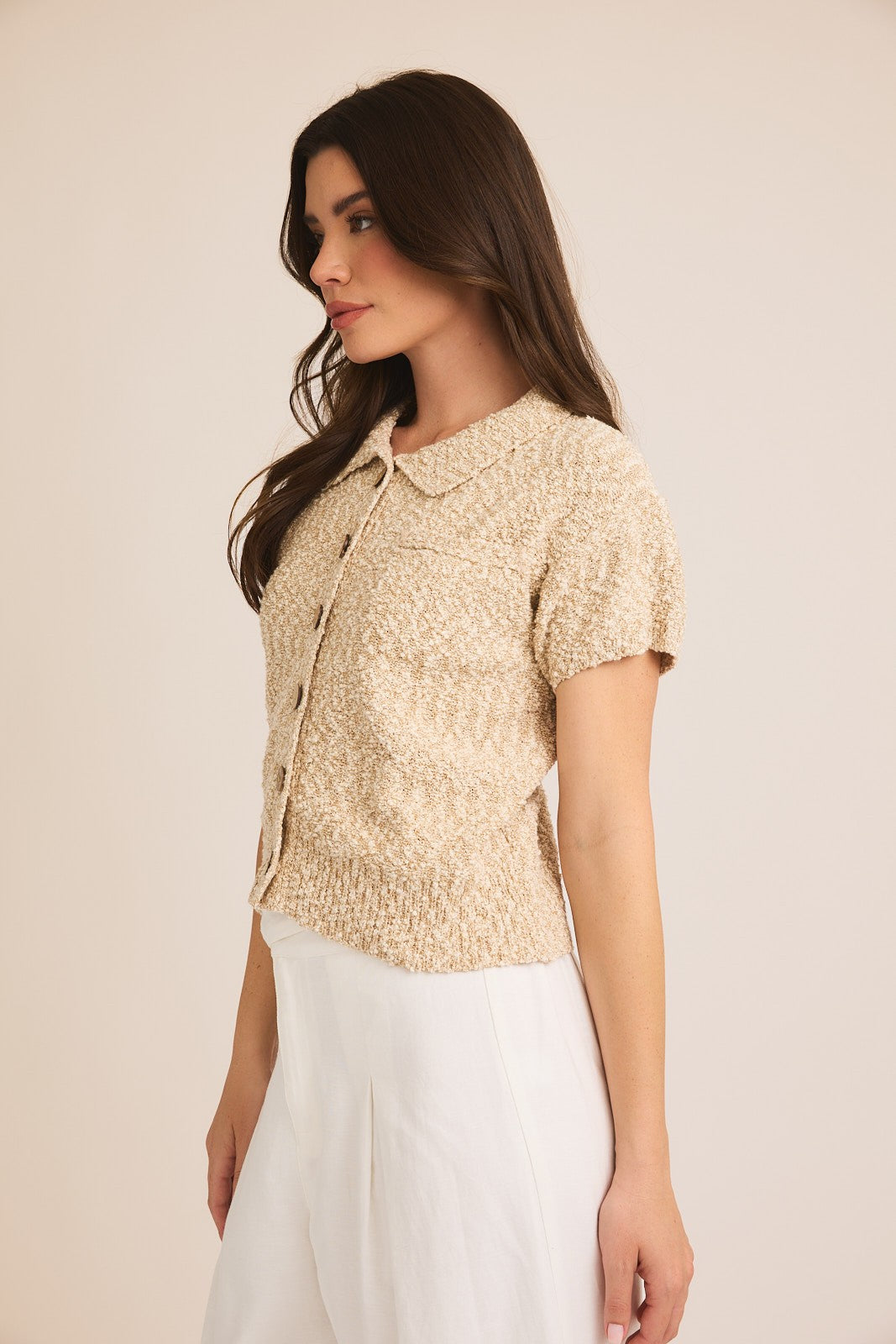 Button Boucle Knit Short Sleeve Cardigan-Heather Taupe