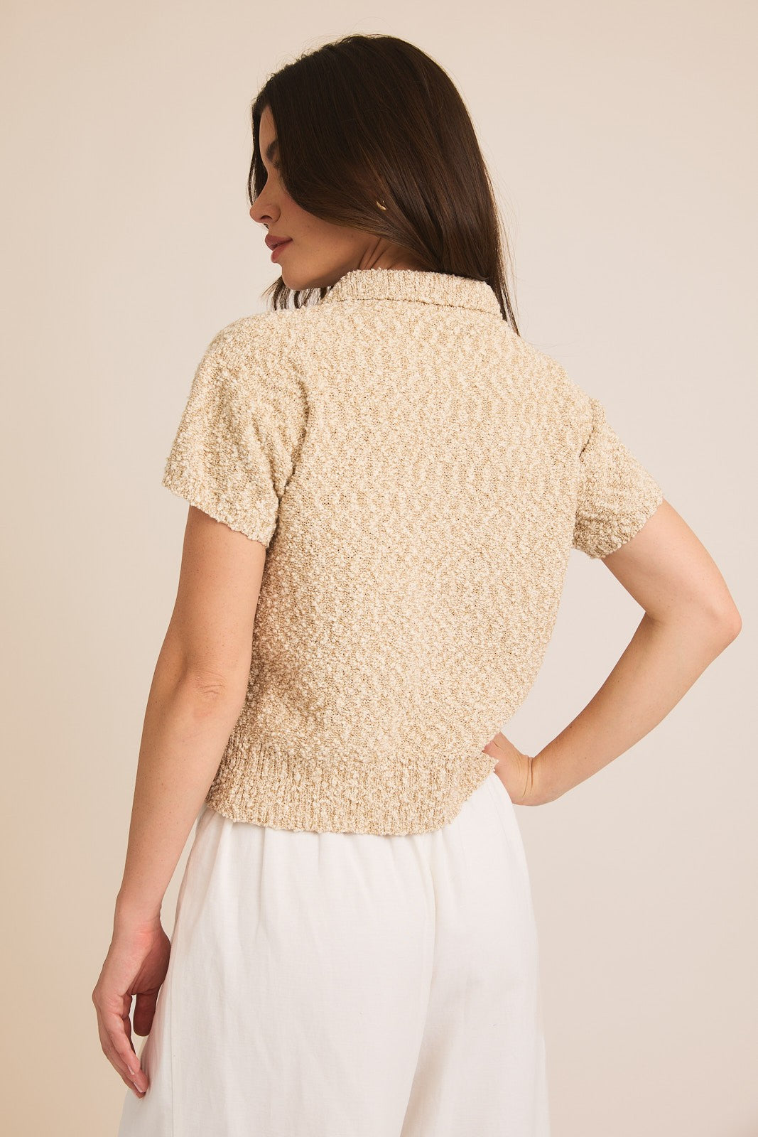 Button Boucle Knit Short Sleeve Cardigan-Heather Taupe