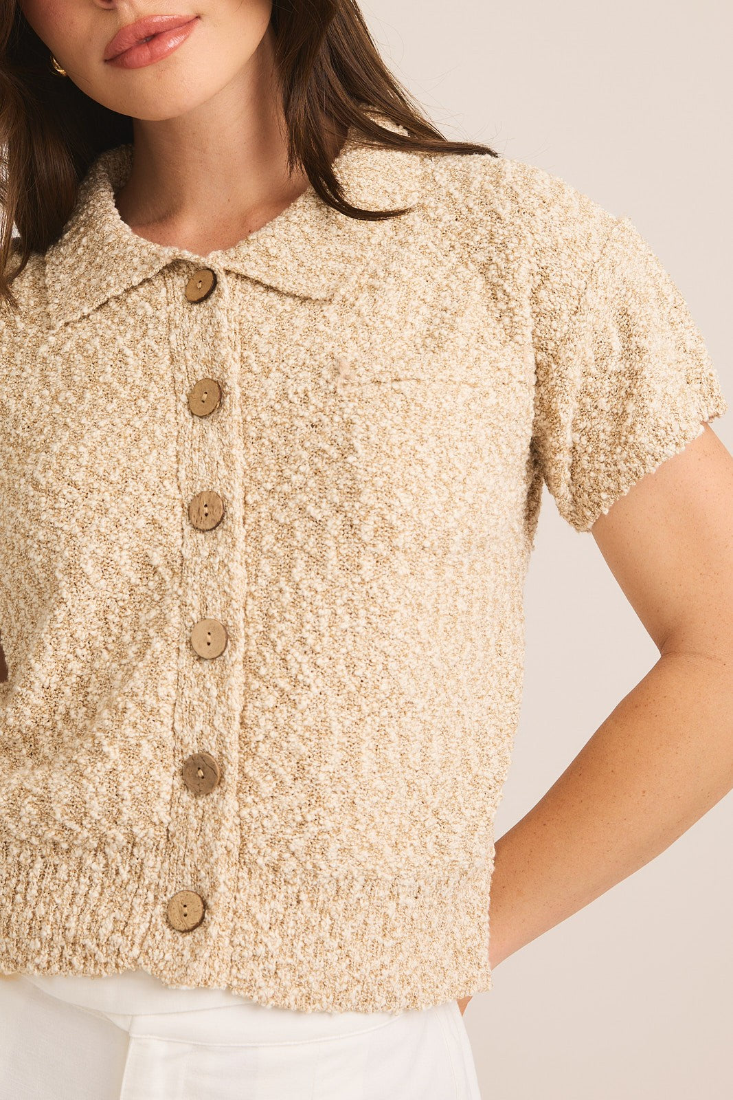 Button Boucle Knit Short Sleeve Cardigan-Heather Taupe