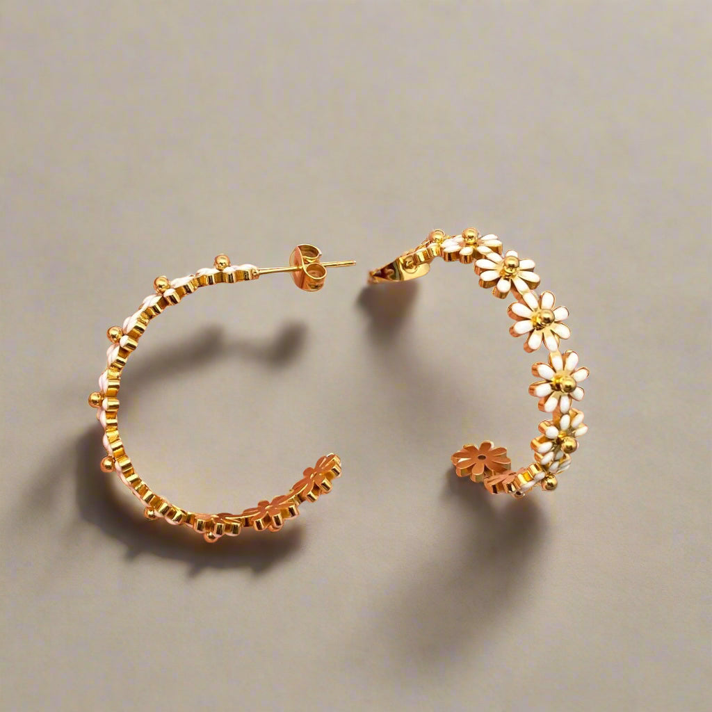 18K Non-Tarnish Enamel Daisy Hoop Earrings-Gold