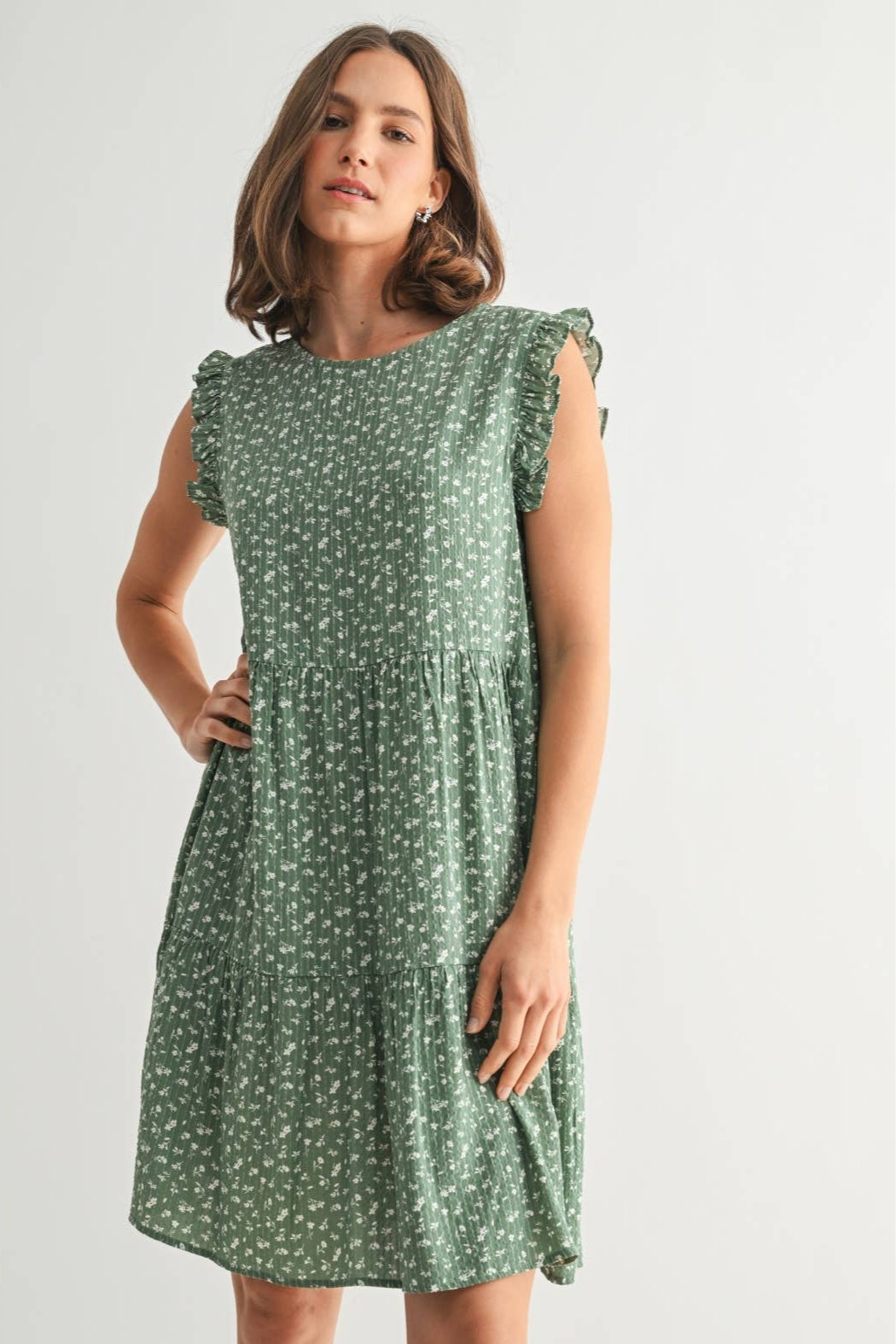 Floral Ruffle Sleeve Tiered Dress-Green