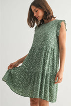 Floral Ruffle Sleeve Tiered Dress-Green