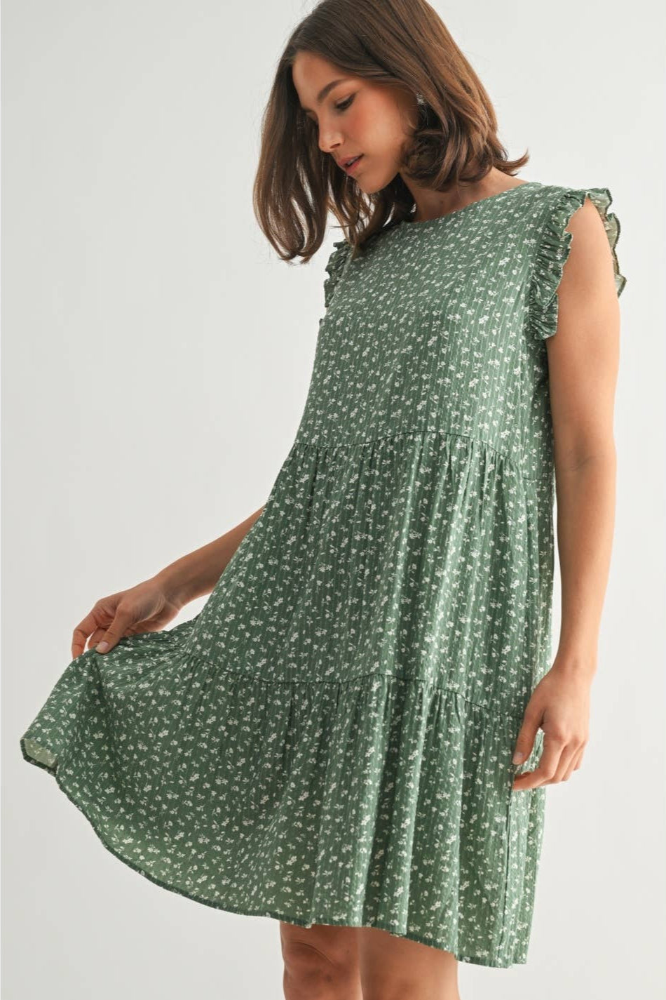 Floral Ruffle Sleeve Tiered Dress-Green