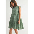 Floral Ruffle Sleeve Tiered Dress-Green