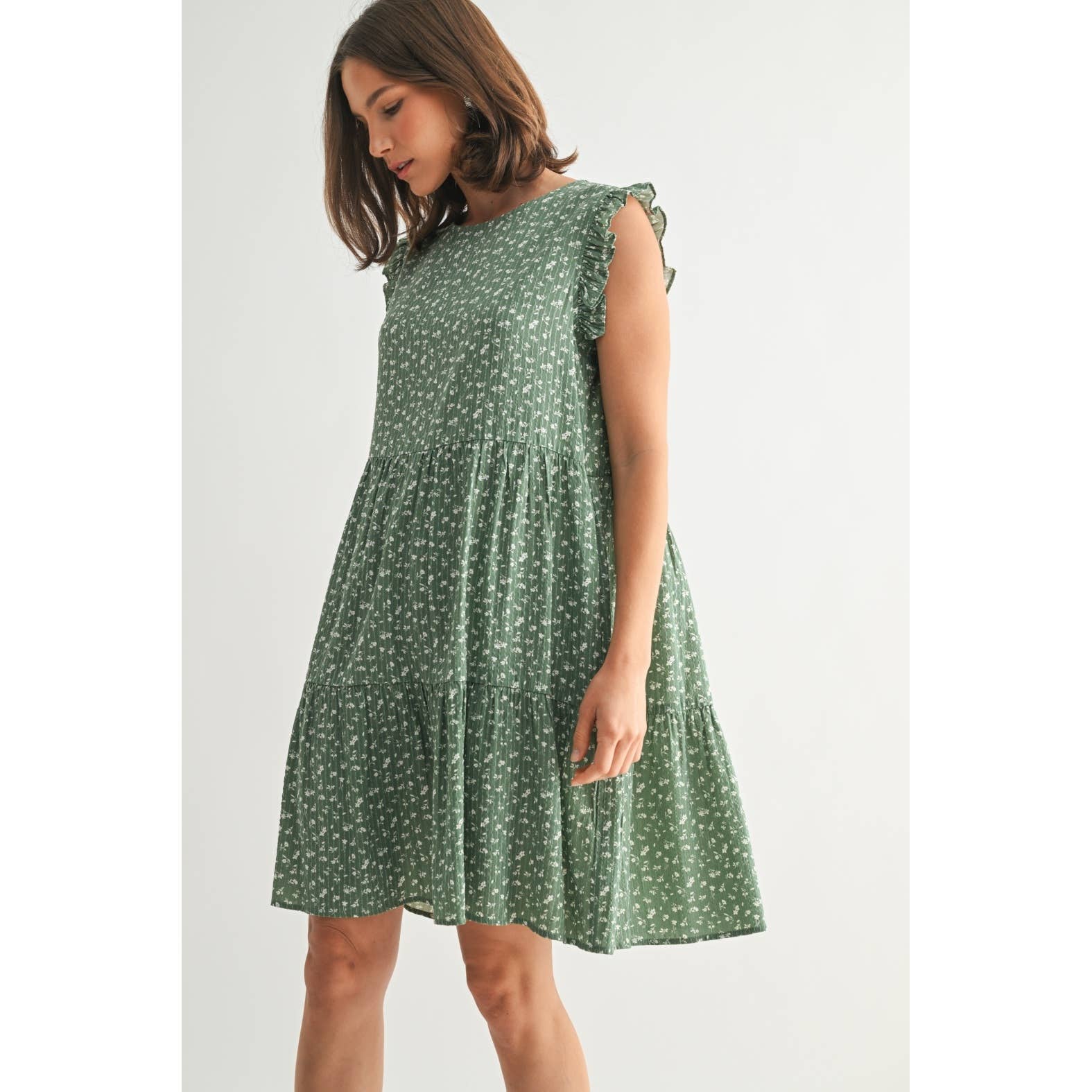 Floral Ruffle Sleeve Tiered Dress-Green