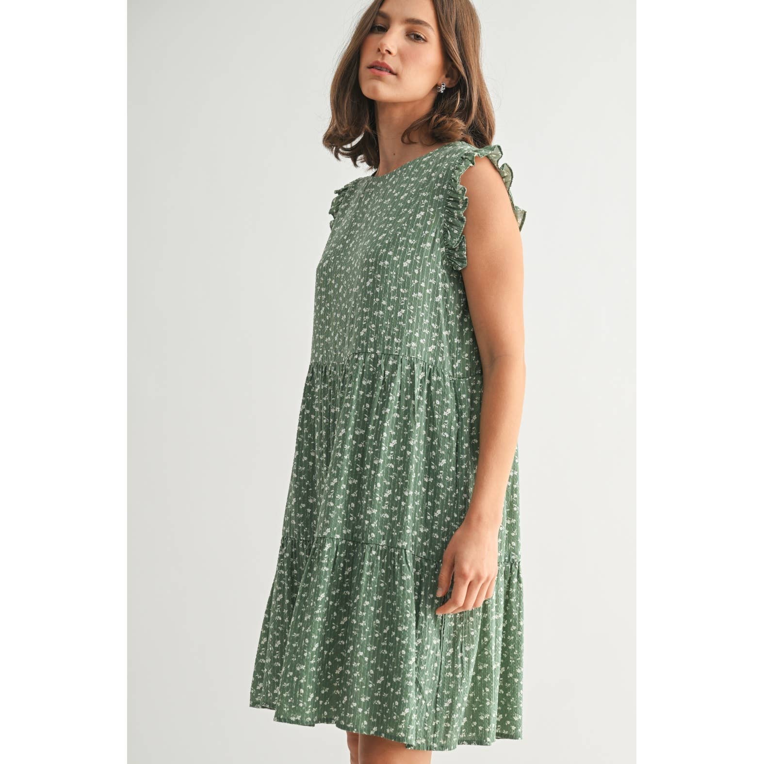 Floral Ruffle Sleeve Tiered Dress-Green