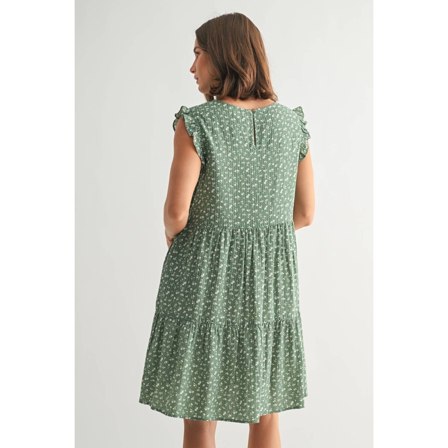 Floral Ruffle Sleeve Tiered Dress-Green