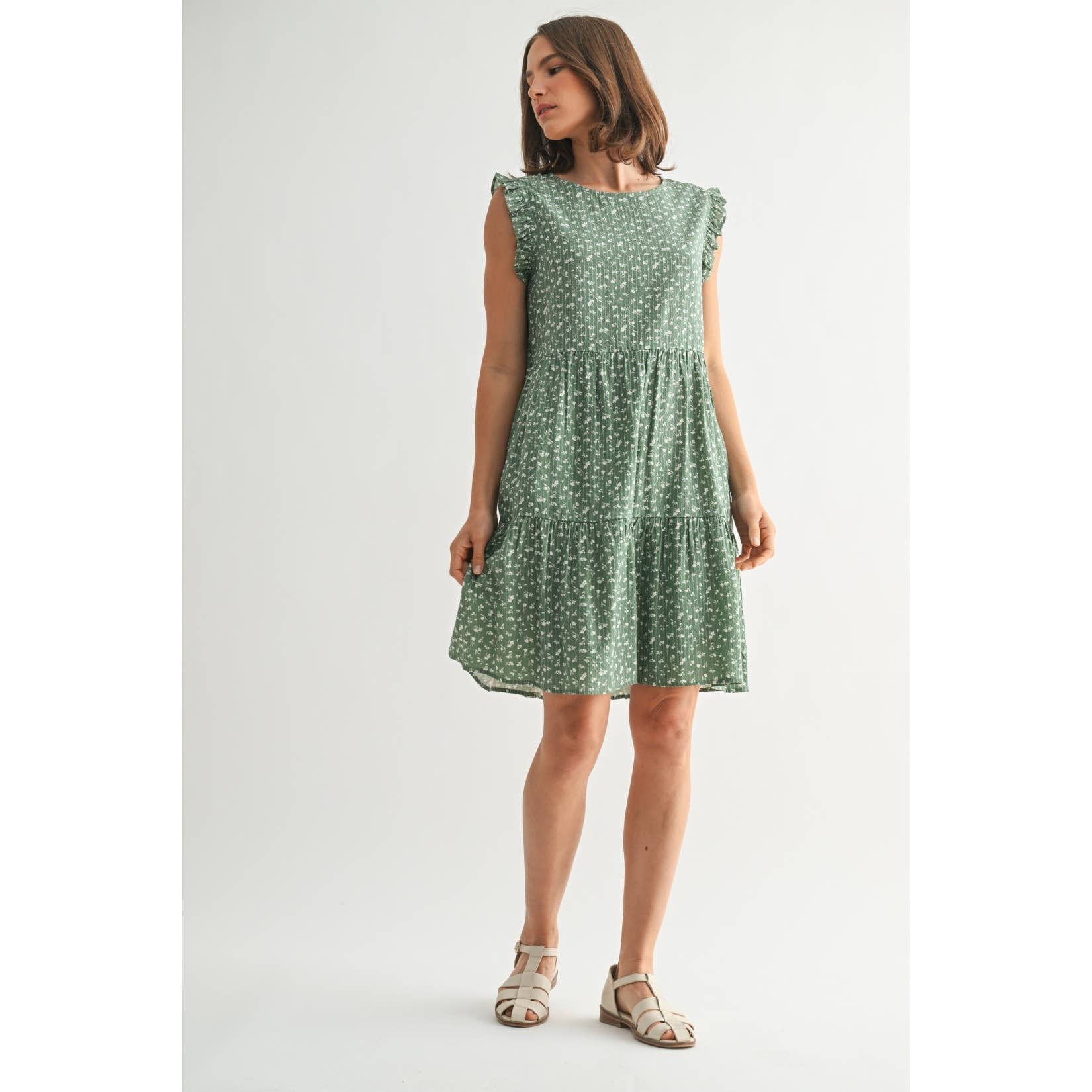 Floral Ruffle Sleeve Tiered Dress-Green