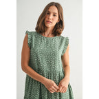 Floral Ruffle Sleeve Tiered Dress-Green