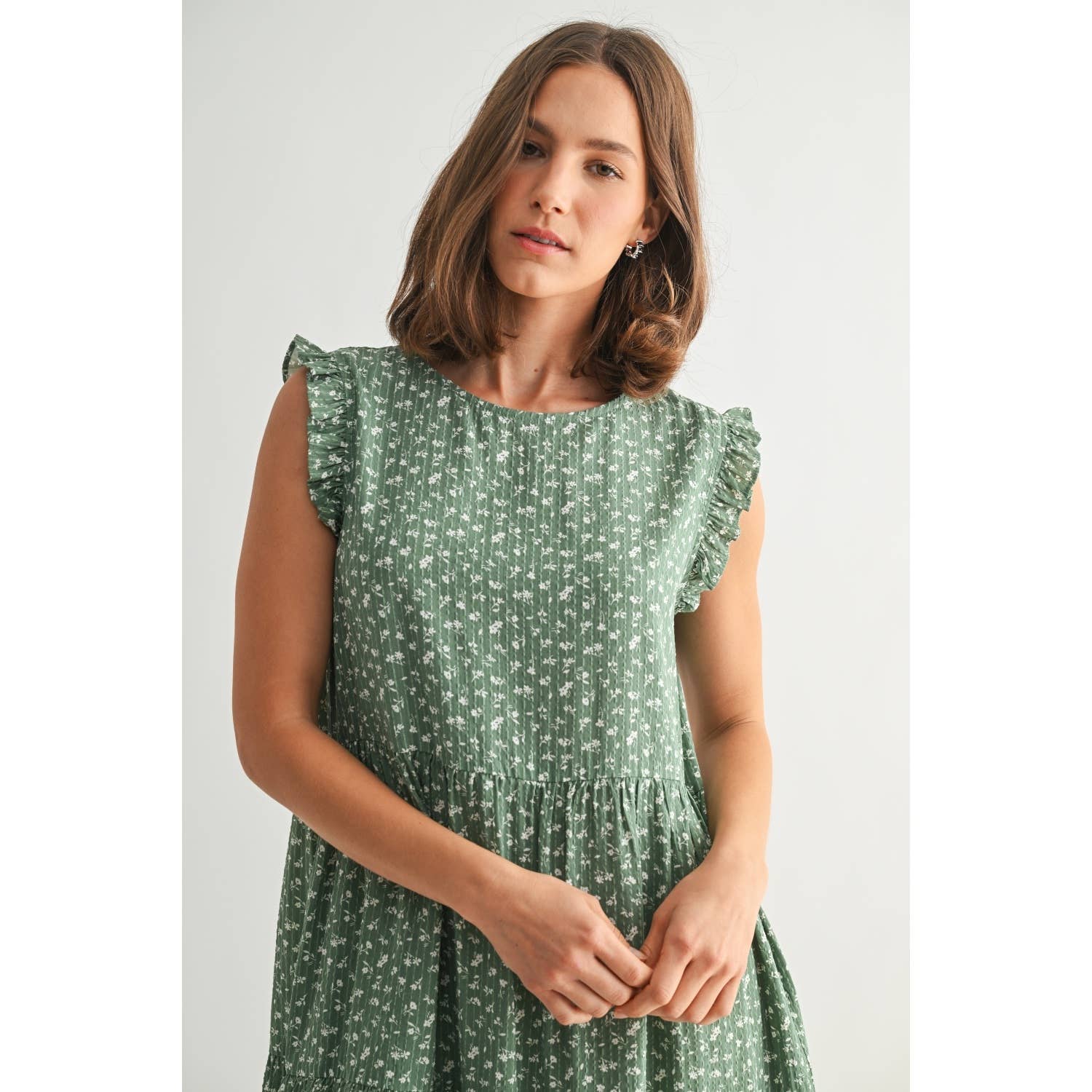 Floral Ruffle Sleeve Tiered Dress-Green
