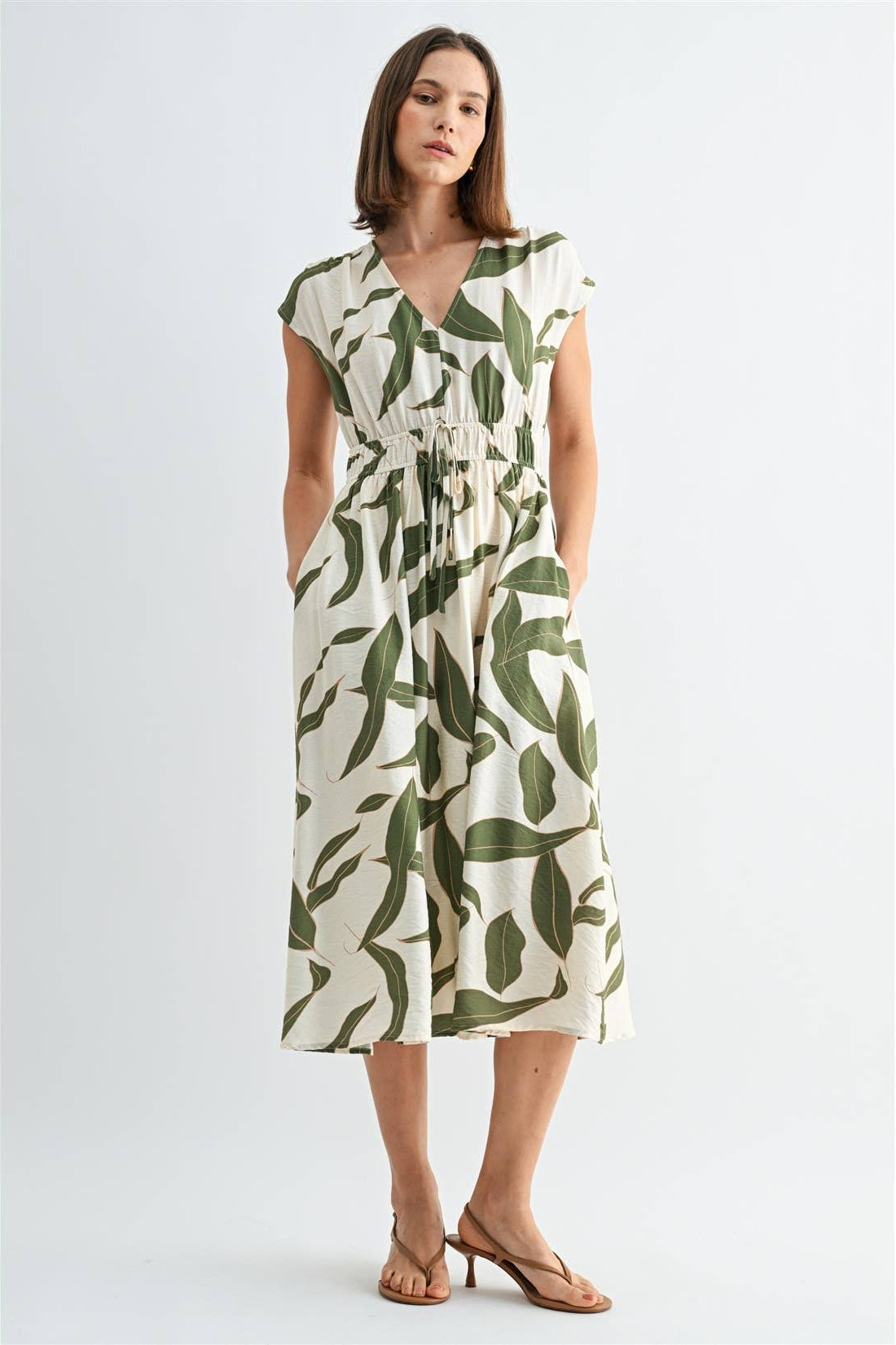 Botanical Print Midi Dress-Green White Flowy | Women's Dresses - Erma Jean Small Botanical Print Midi Dress-Green White Flowy | Women's Dresses - Erma Jean Small