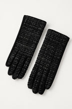 Black and white tweed woven hand gloves with black suede bottoms