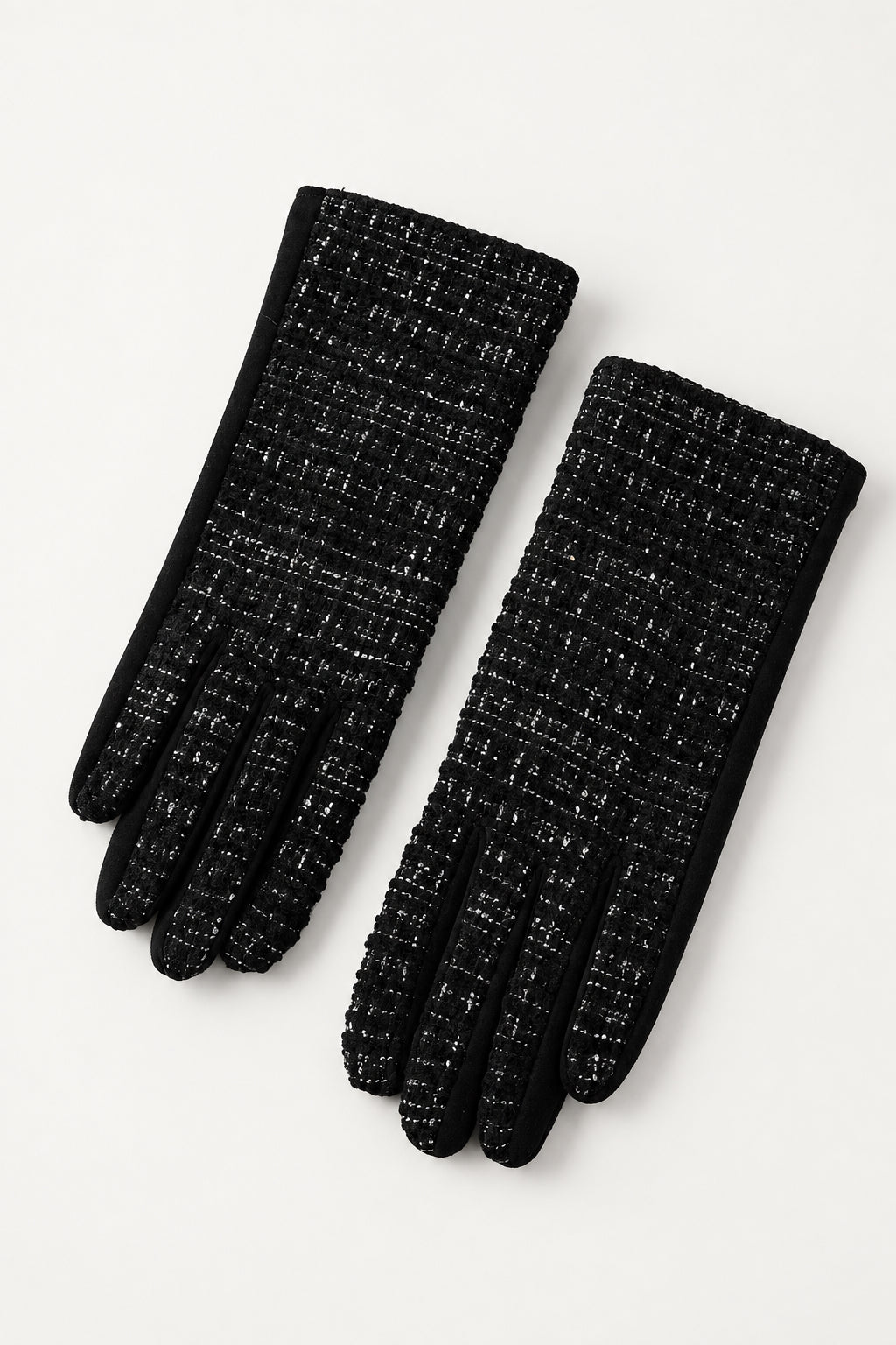 Black and white tweed woven hand gloves with black suede bottoms