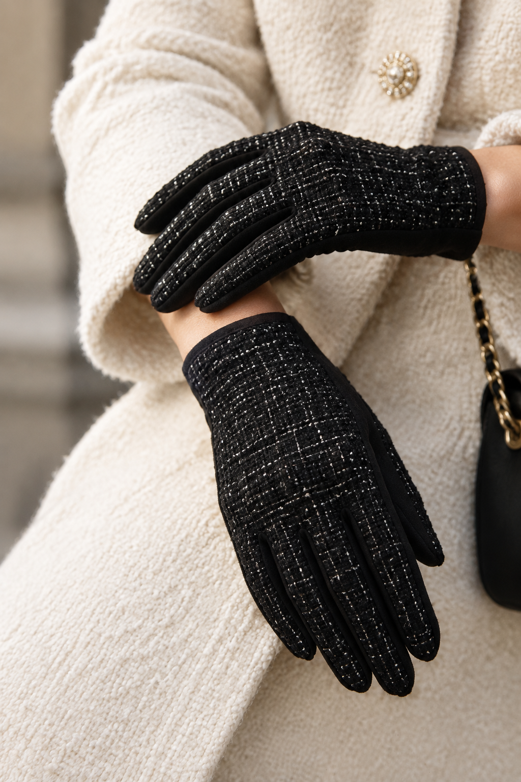 Tweed and Suede Gloves-Black White Woven
