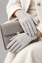Tweed and Suede Gloves-Gray White Woven