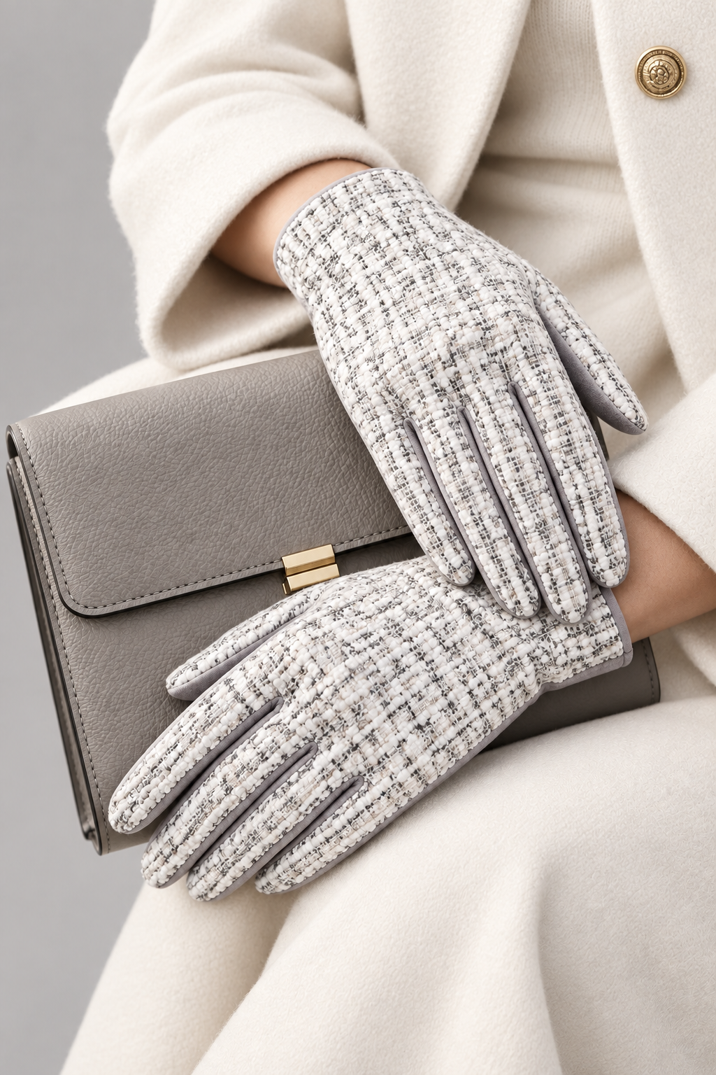 Tweed and Suede Gloves-Gray White Woven