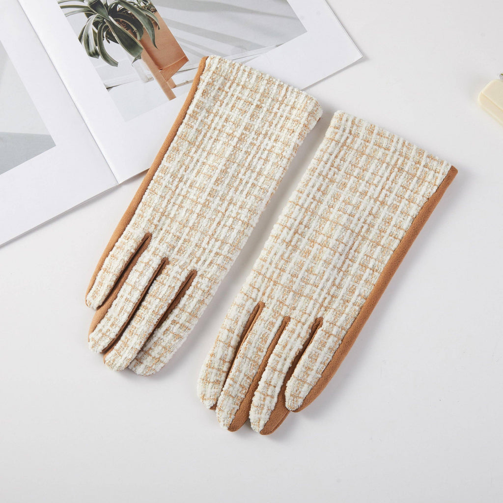 Taupe and white woven tweed gloves on a white background