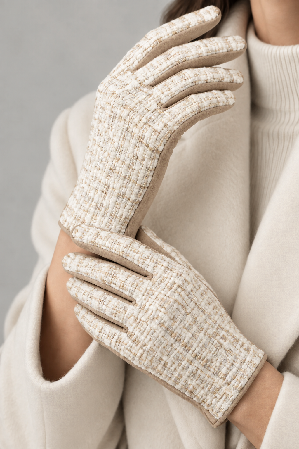 Tweed and Suede Gloves-Taupe White Woven