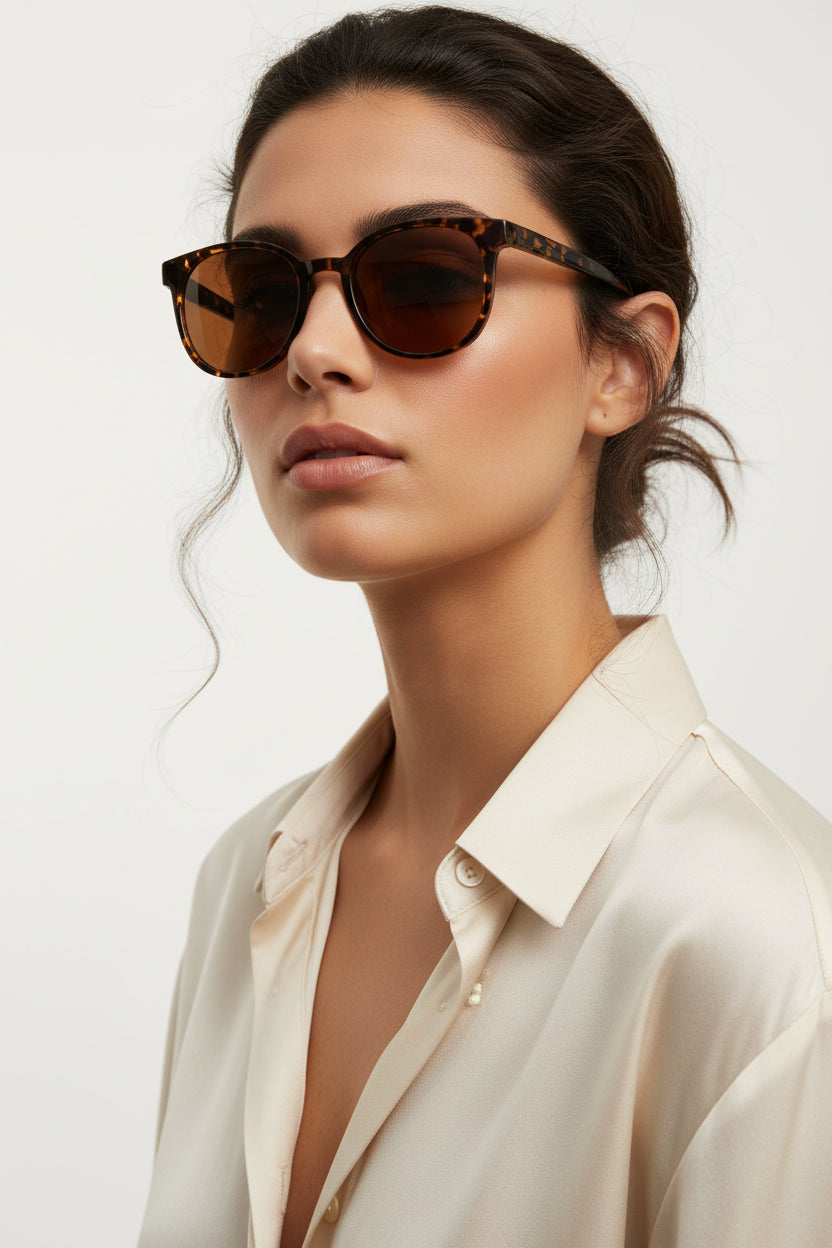 Woman wearing round tortoise sunglasses and white blouse on white background