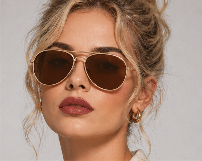 Woman wearing aviator sunglasses with a neutral background