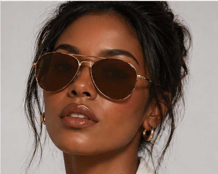 Woman wearing aviator sunglasses with a neutral background