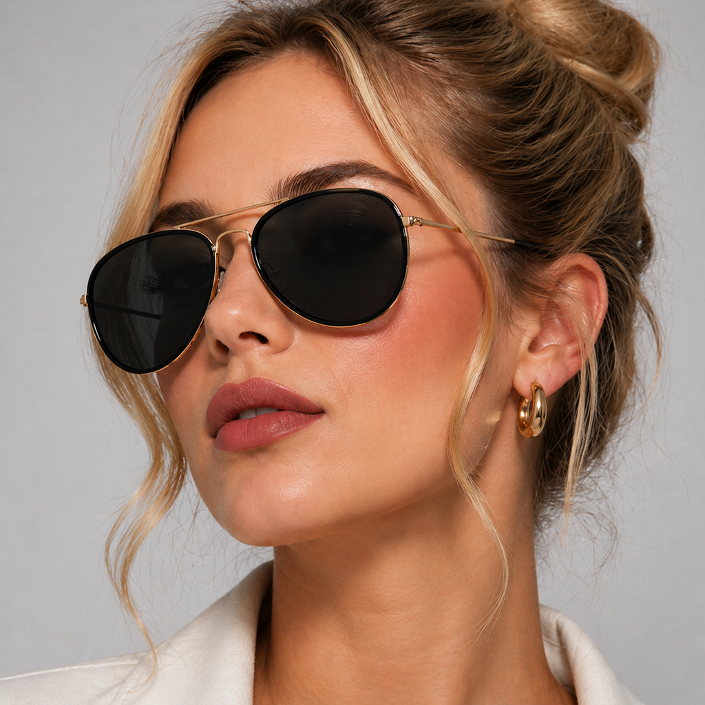 Woman wearing aviator sunglasses with a neutral background