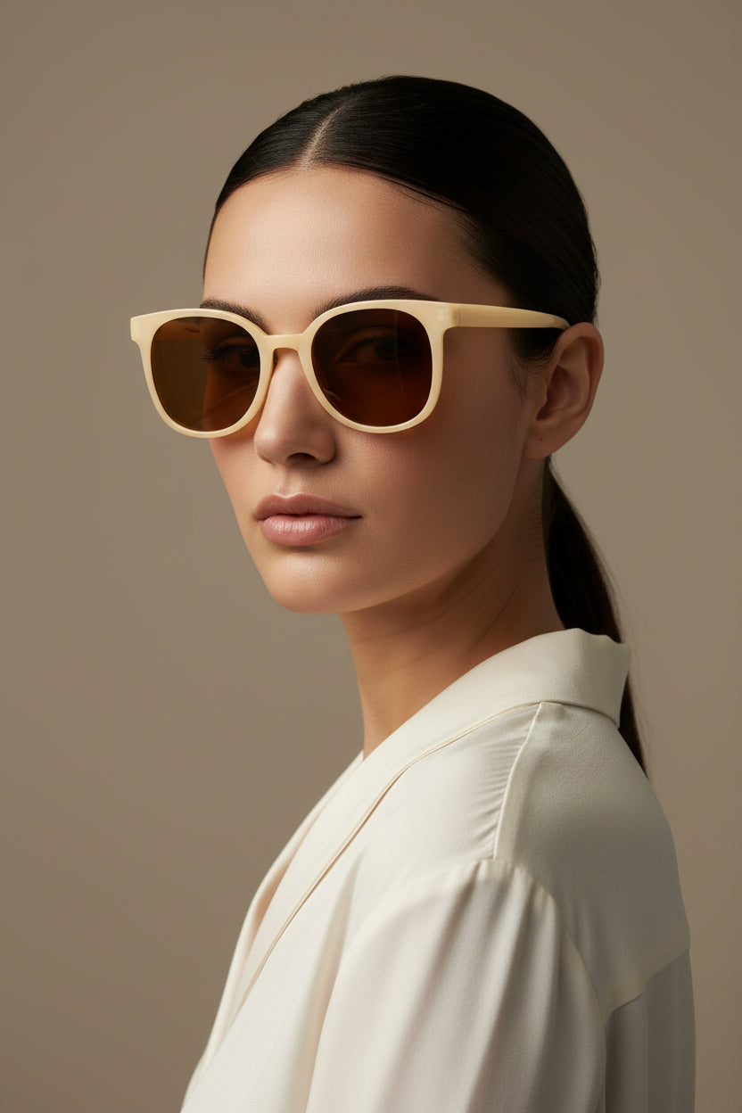 Woman wearing cream round sunglasses on the gray background