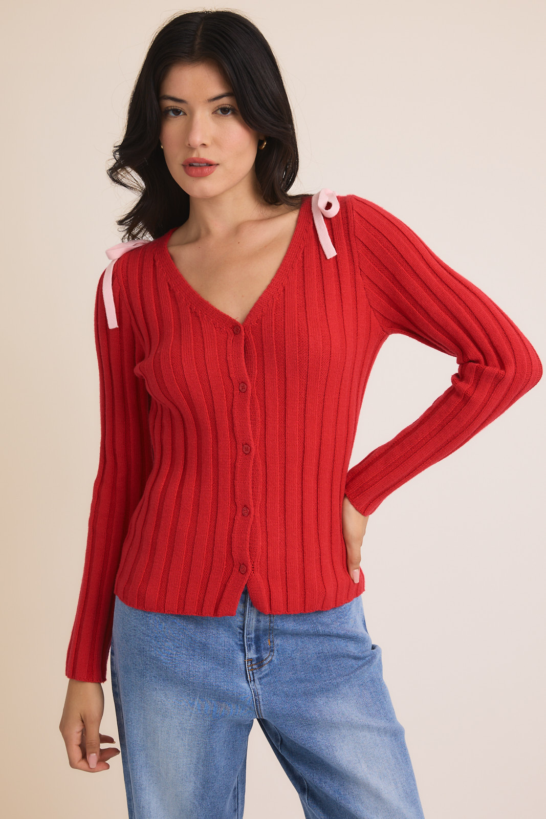 Bow Detail Ribbed Knit Button Cardigan-Berry