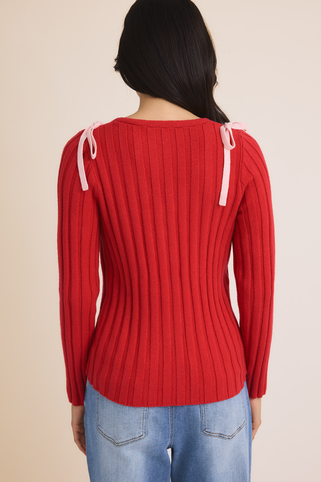 Bow Detail Ribbed Knit Button Cardigan-Berry