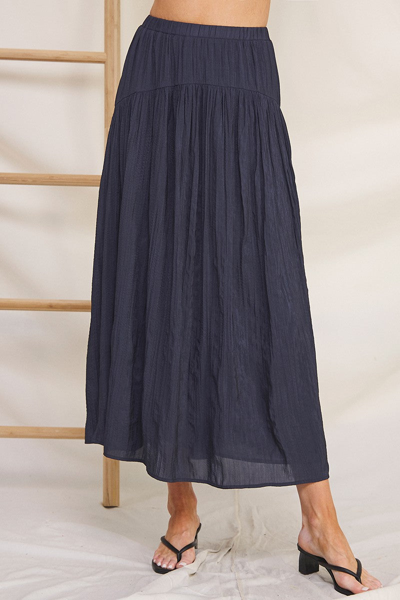 Flowy Crinkle Sateen Maxi Skirt-Navy