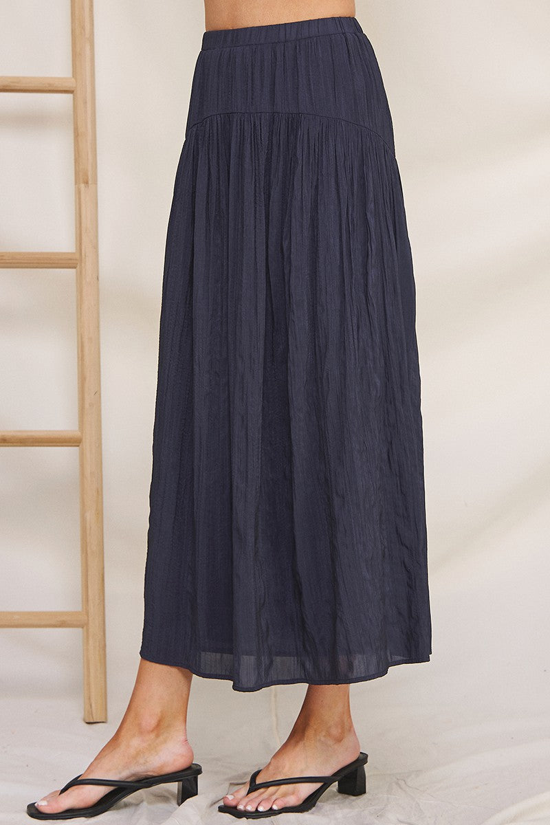 Flowy Crinkle Sateen Maxi Skirt-Navy