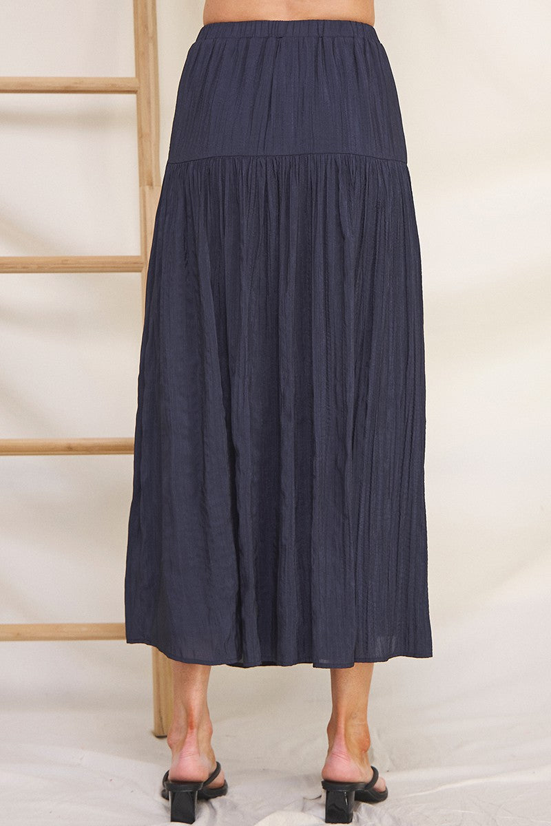 Flowy Crinkle Sateen Maxi Skirt-Navy