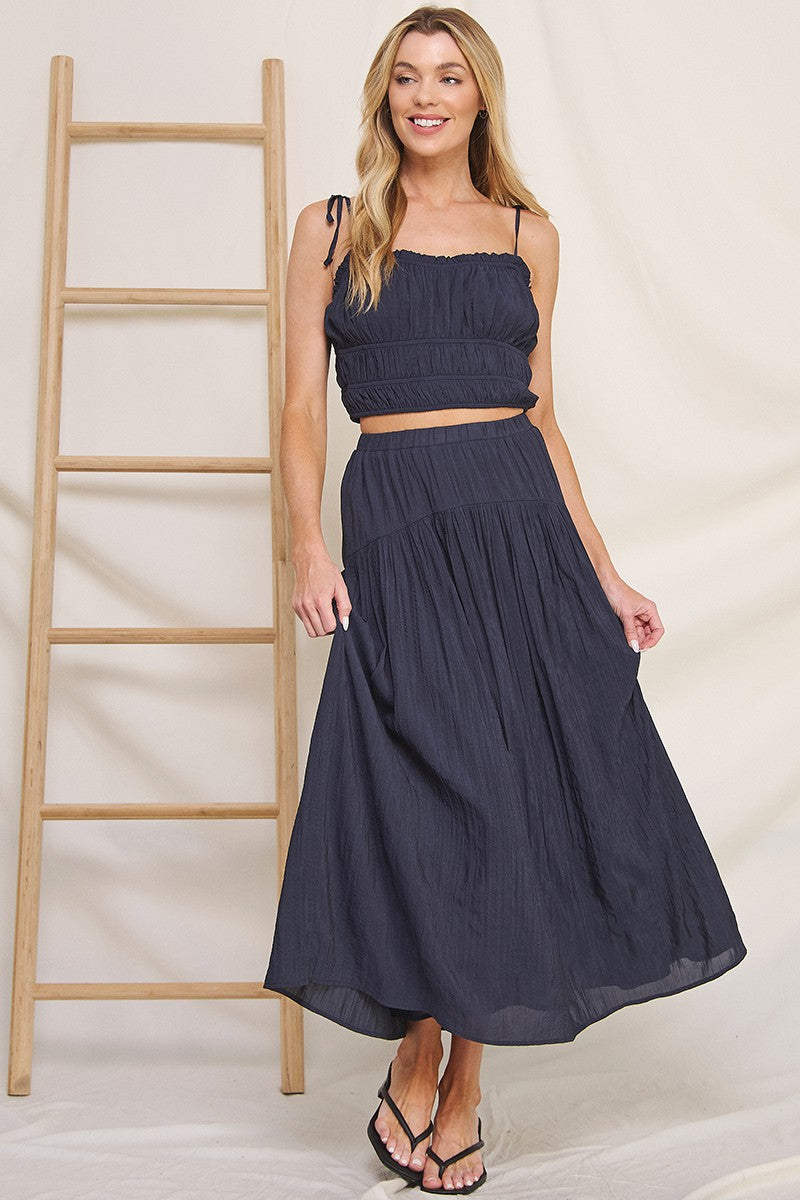 Flowy Crinkle Sateen Maxi Skirt-Navy