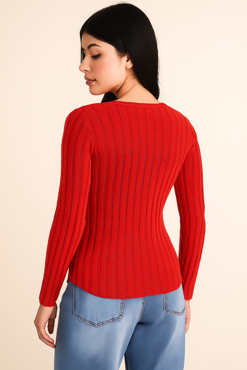 Back view of a woman wearing a red ribbed sweater and blue jeans on a beige background