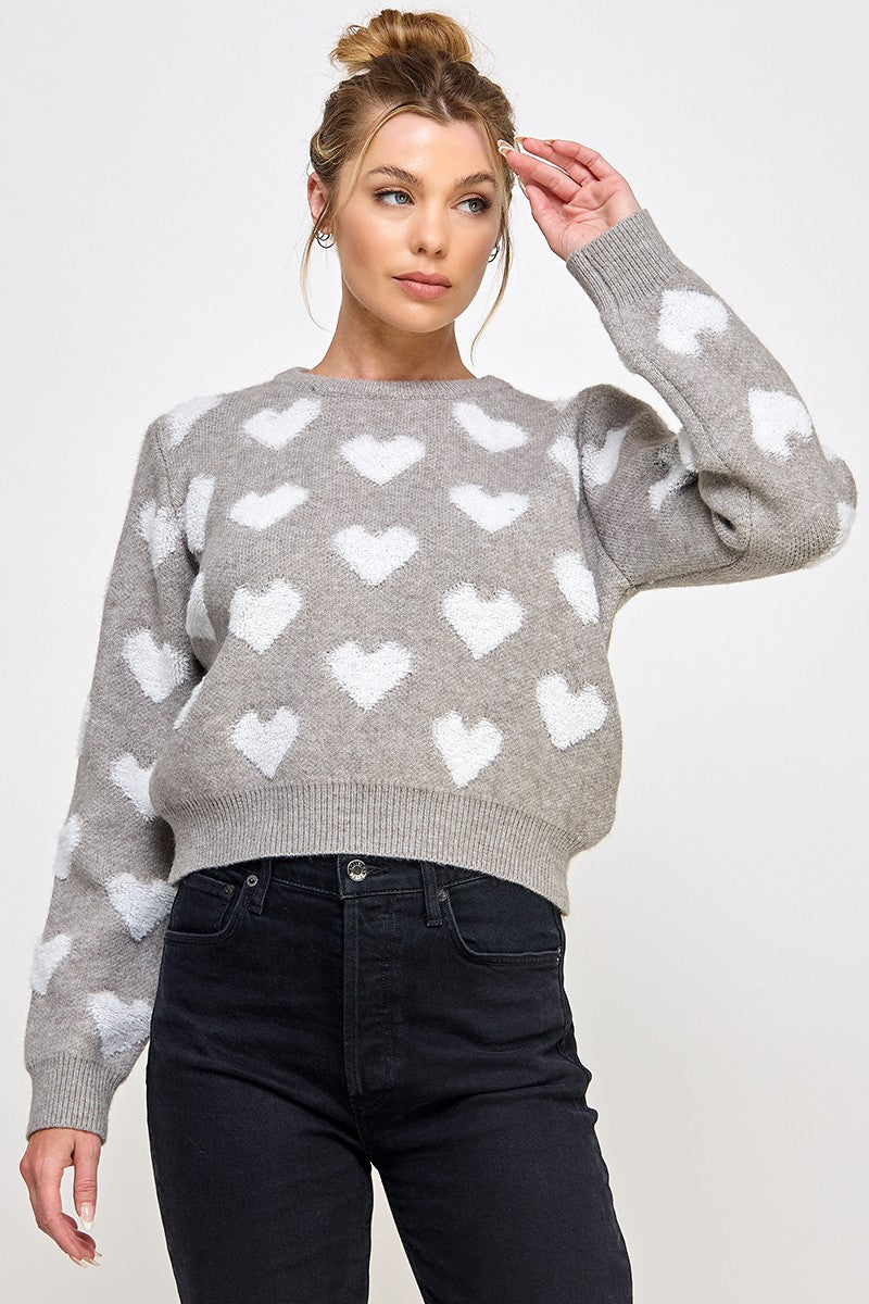 Raised Heart Long Sleeve Sweater-Heather Gray