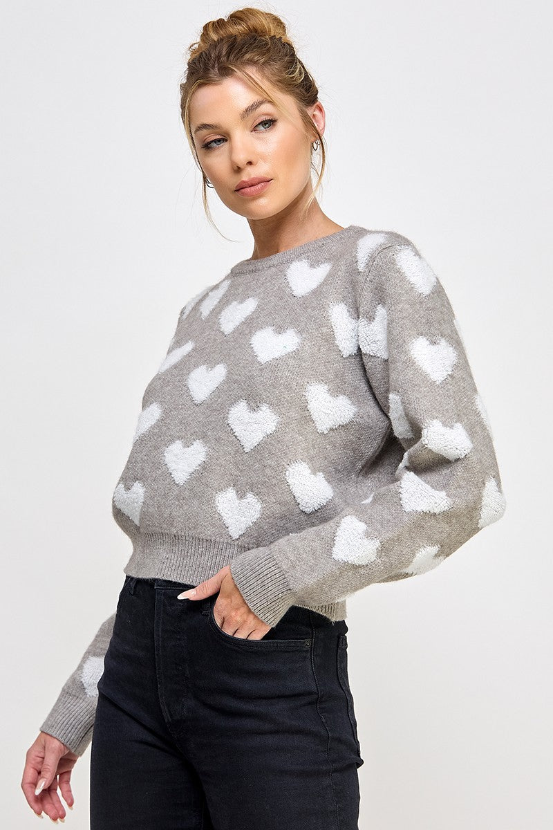 Raised Heart Long Sleeve Sweater-Heather Gray