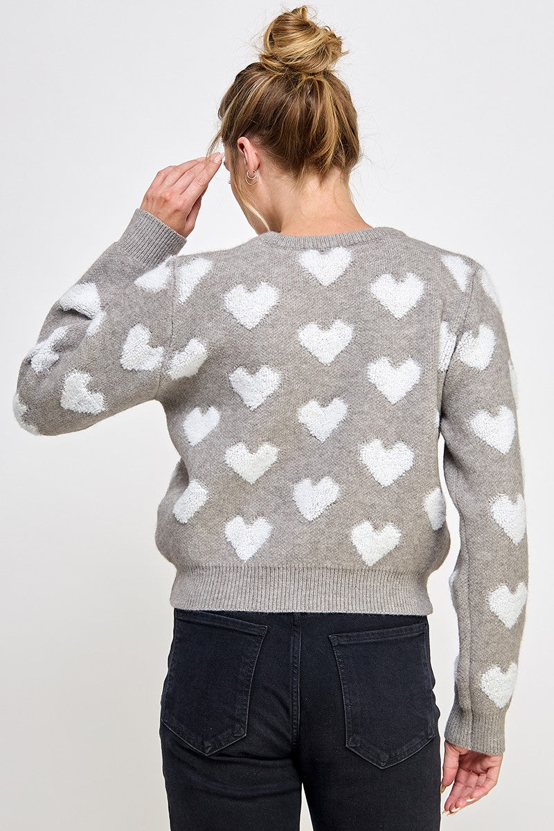 Raised Heart Long Sleeve Sweater-Heather Gray