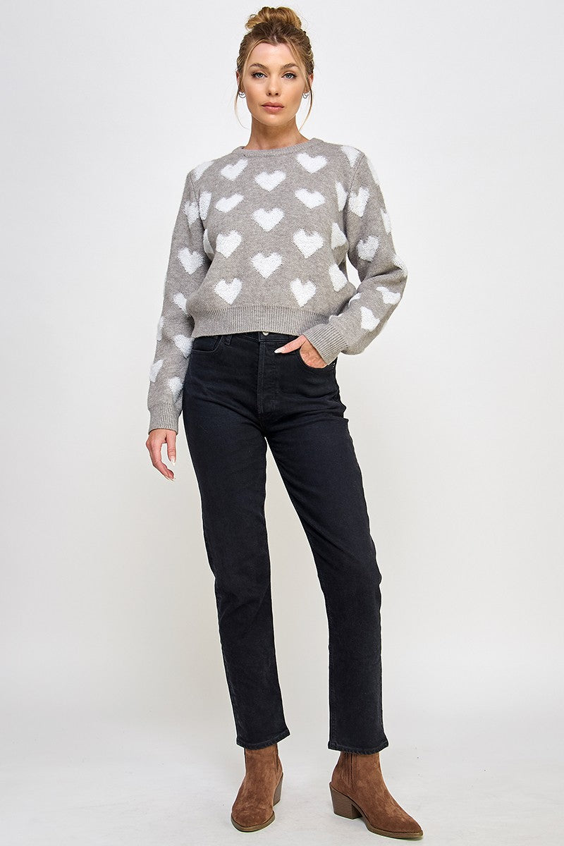 Raised Heart Long Sleeve Sweater-Heather Gray