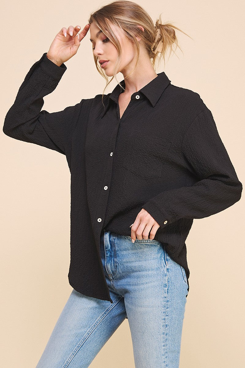 Long Sleeve Cloud Crinkle Gauze Blouse-Black