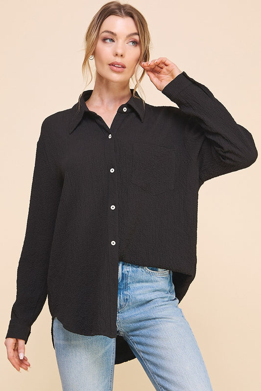 Long Sleeve Cloud Crinkle Gauze Blouse-Black