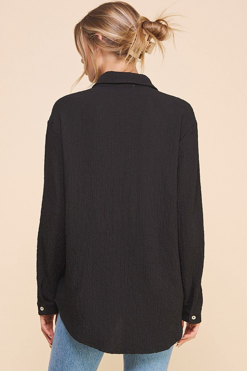 Long Sleeve Cloud Crinkle Gauze Blouse-Black