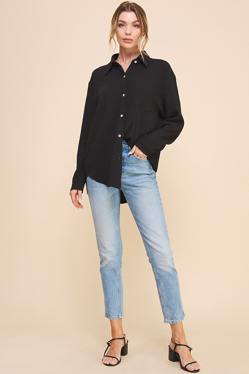 Long Sleeve Cloud Crinkle Gauze Blouse-Black