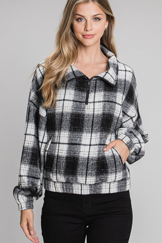 Long Sleeve Plaid Pull Over with Half Zipper-Black White