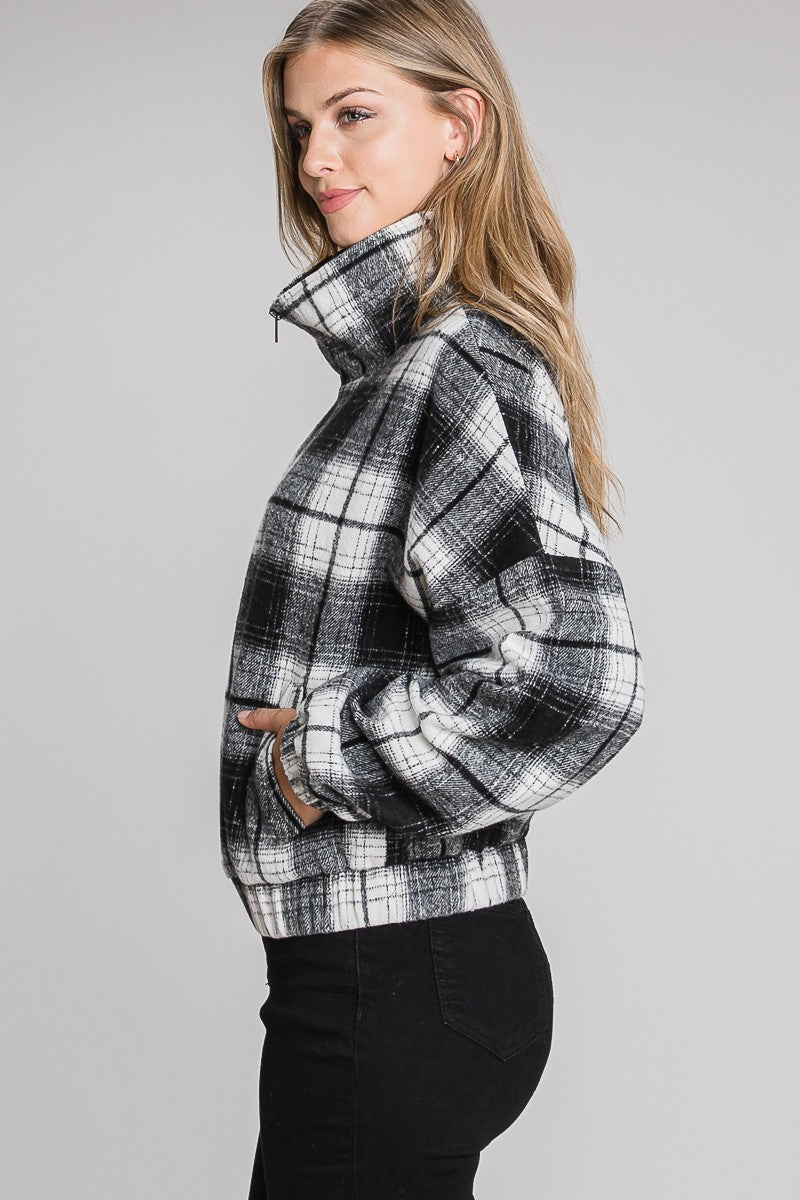 Long Sleeve Plaid Pull Over with Half Zipper-Black White