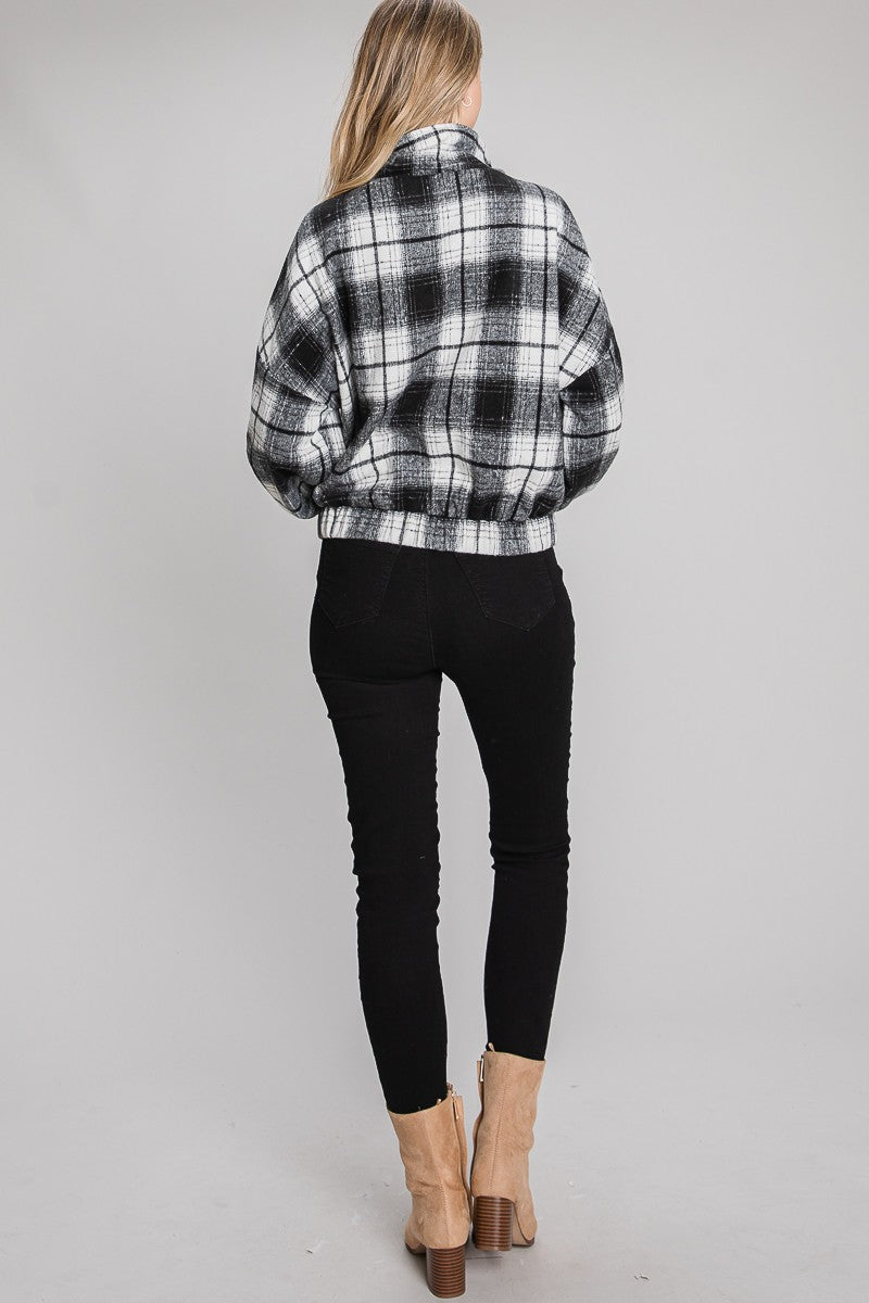 Long Sleeve Plaid Pull Over with Half Zipper-Black White