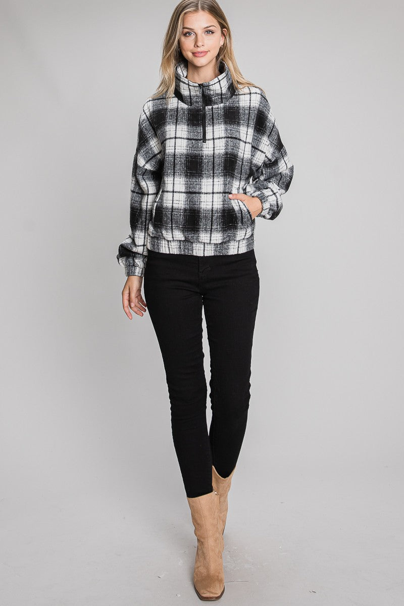 Long Sleeve Plaid Pull Over with Half Zipper-Black White