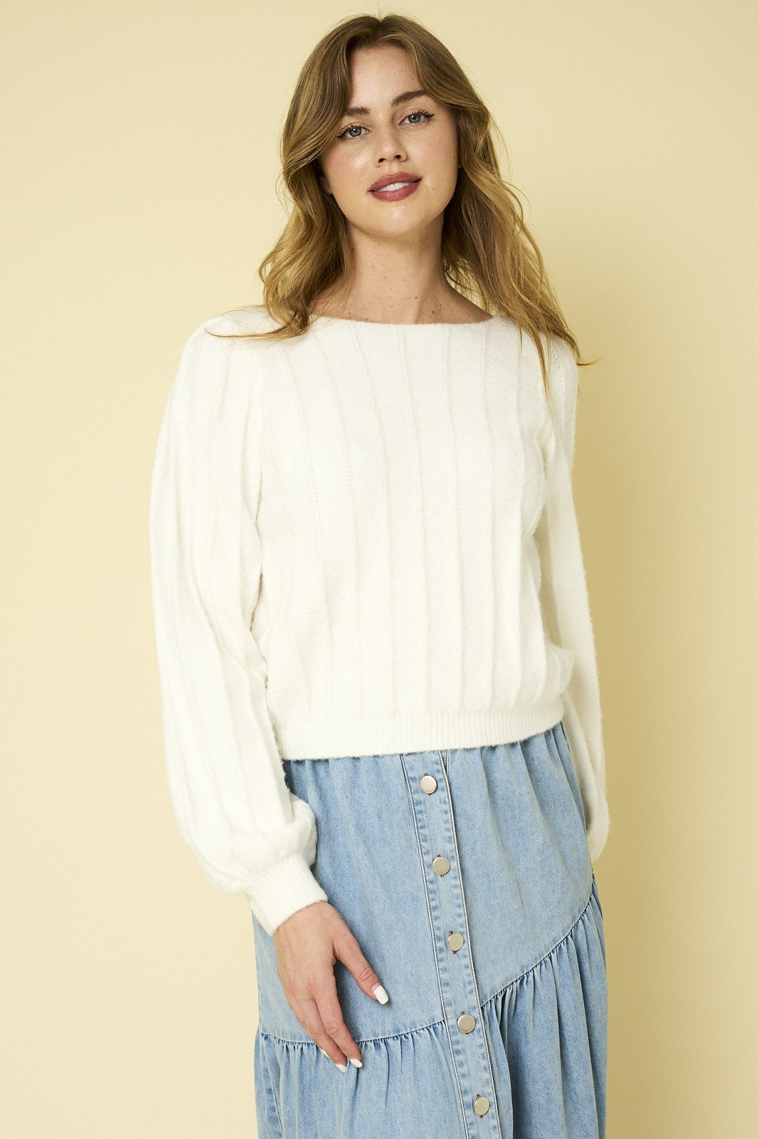 Ribbed Pointelle Bubble Sleeve Sweater-Ivory