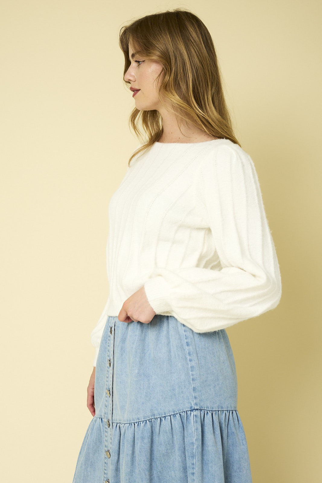 Ribbed Pointelle Bubble Sleeve Sweater-Ivory